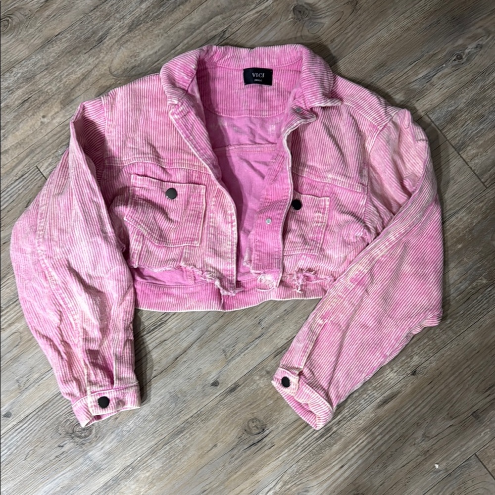 Vici Pink Corduroy Frayed Cropped Jacket